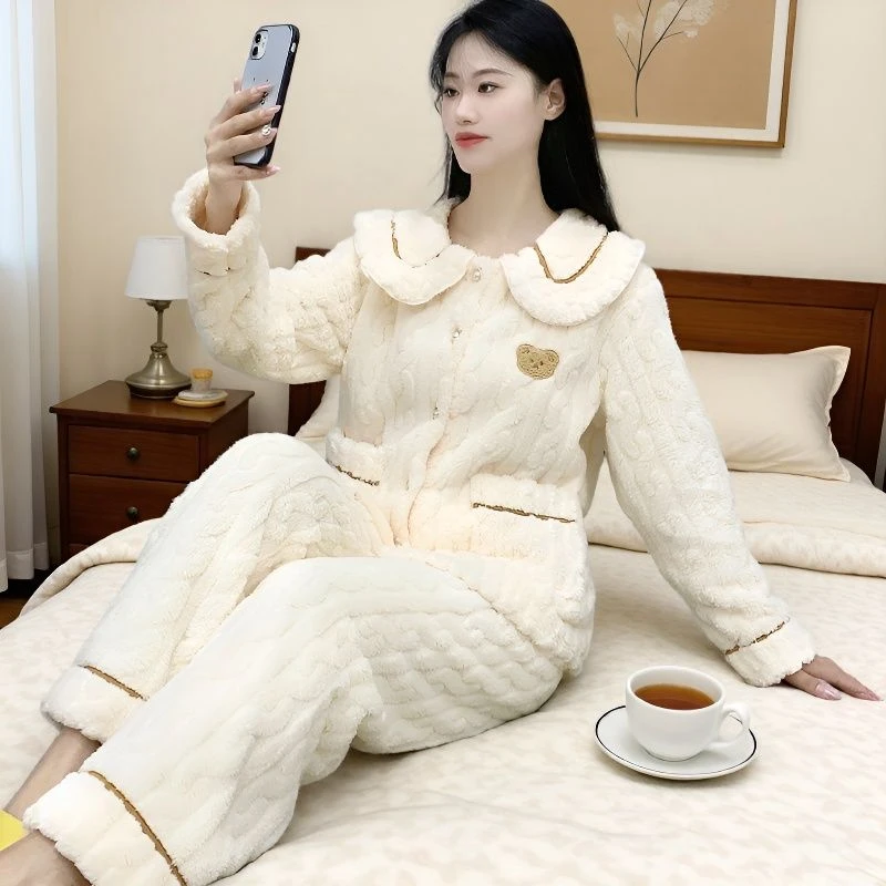 秋冬款睡衣女可外穿加厚保暖珊瑚绒时尚洋气法兰绒家居服套装Y91