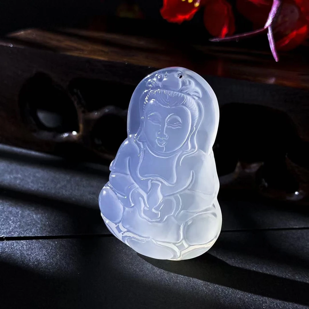 S6954九天玄灵寒冰玛瑙莲花头白观音吊坠-配绳