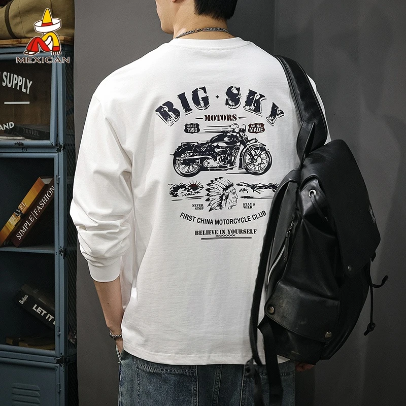 Mexican/稻草人潮牌机车长袖T恤男士秋季宽松重磅纯棉设计感卫衣t