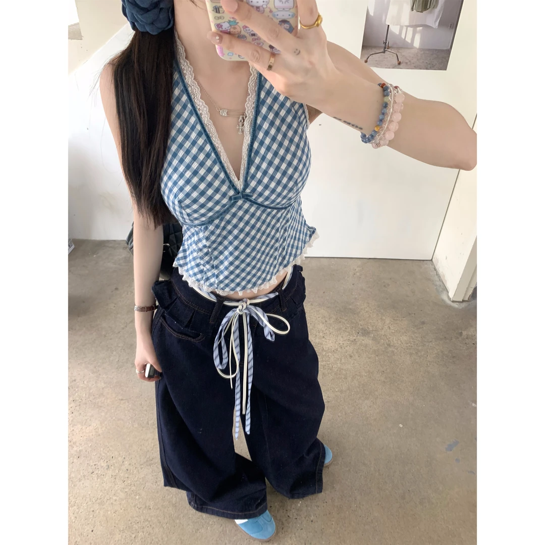 纯欲风别致蕾丝拼接格纹背心女夏季甜辣妹设计感小众外穿挂脖上衣