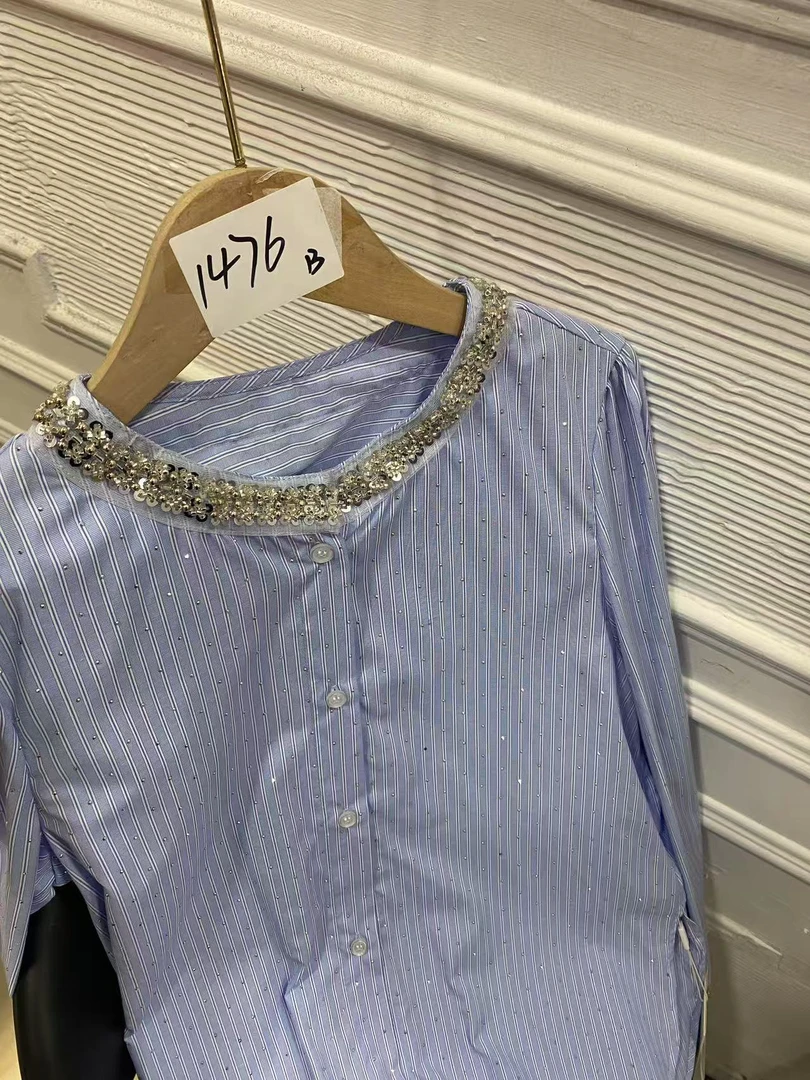BIAORAN/标冉2025春季新款休闲镶钻亮片条纹衬衫1476