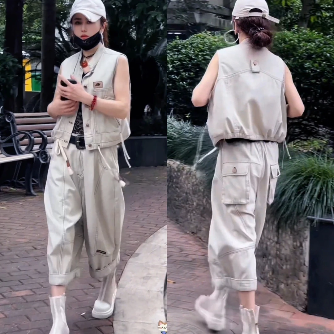 欧洲站2025夏季新款韩系时尚显瘦无袖马甲中腰纯色休闲时尚七分裤