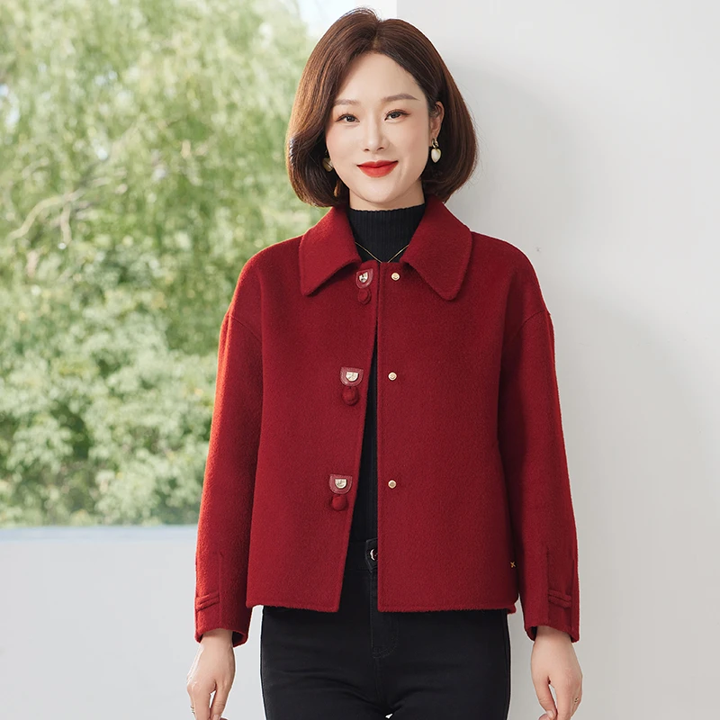 秋冬小个子双面羊绒大衣女中老年女装短款减龄显瘦妈妈款毛呢外套