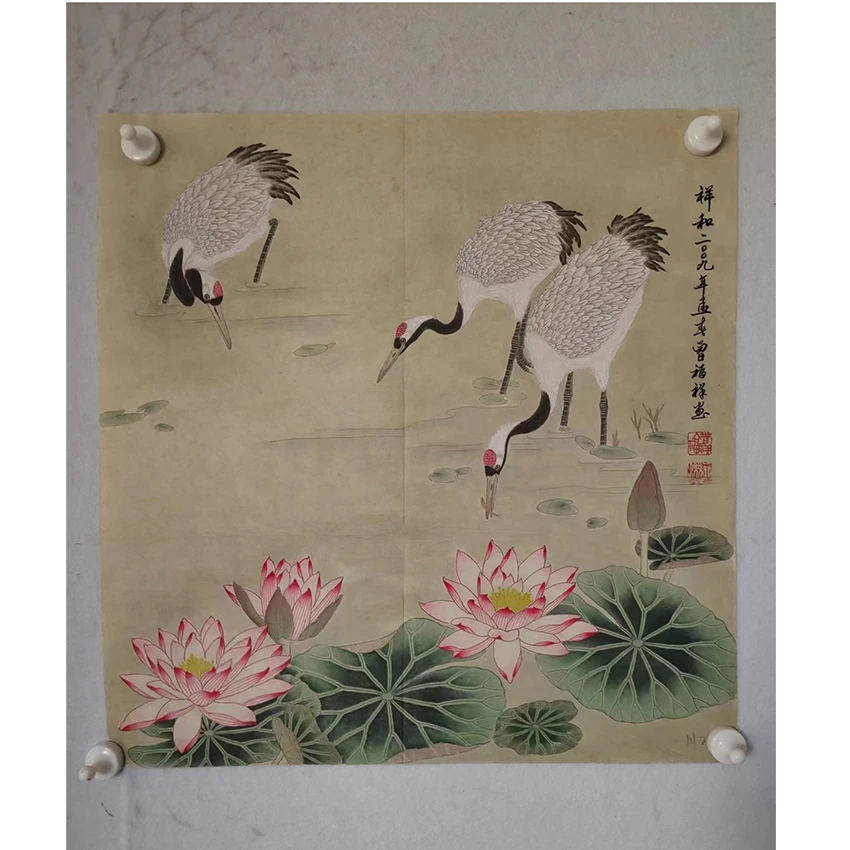 2727  纯手绘老字画《鹤荷图》中堂  尺寸 53×53