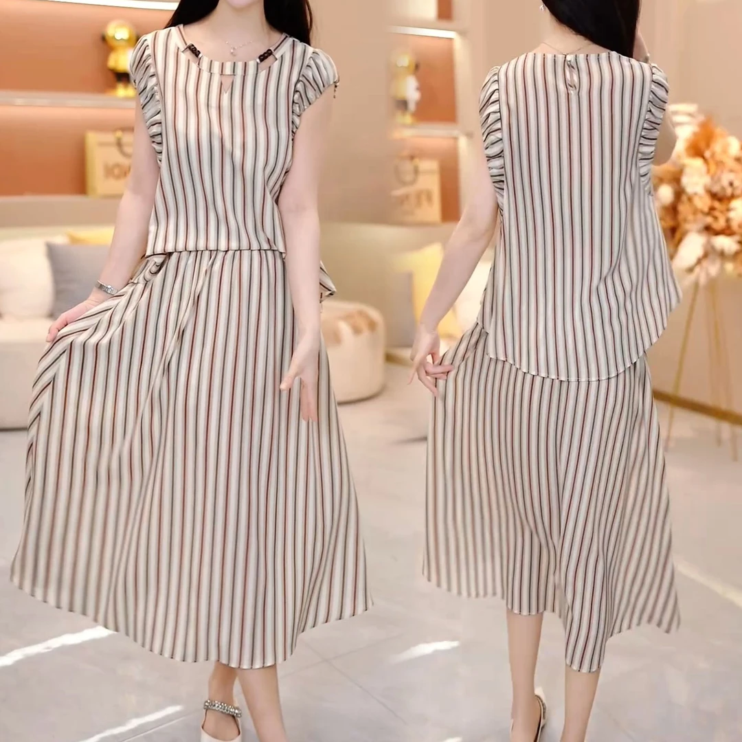 2025夏季新款高级感不规则上衣半身裙两件套小众时尚显瘦条纹套裙