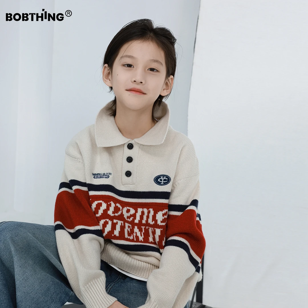 男童秋冬季拼色字母翻领毛衣2025新款儿童厚打底衫潮童装针织线衣