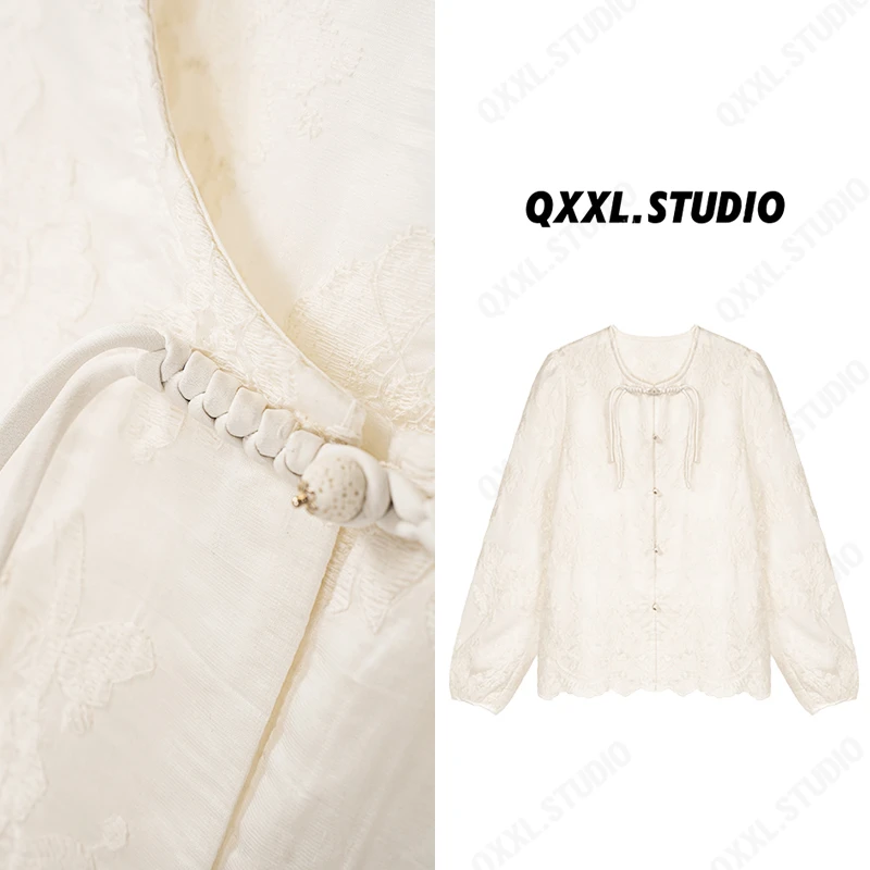 邱小小丽呀 春季新款圆领印花新中式设计感复古盘扣蕾丝衬衫