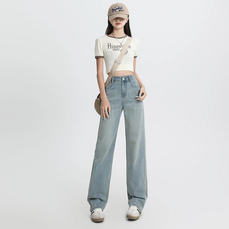 2025年夏季新款直筒牛仔裤女时尚高腰显瘦宽松百搭复古天丝拖地裤
