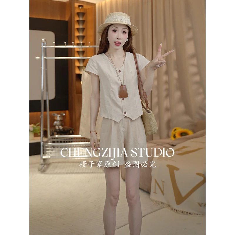 【裴诗婷】橙子·studio设计感女夏季3130新款长短任选阔腿裤两件套