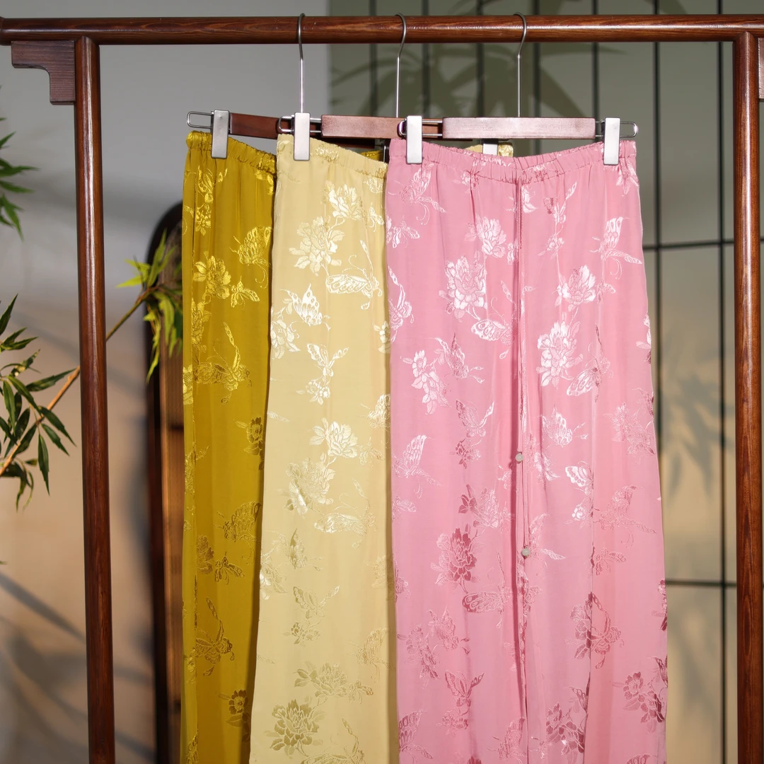 【锦说欢喜】‘蝶恋花‘新中式百搭人丝提花缎直筒裤83772