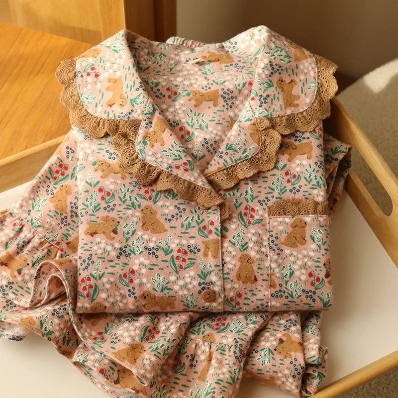 保暖秋冬季新款全棉磨毛睡衣女薄款亲肤复古森系春秋少女家居服套