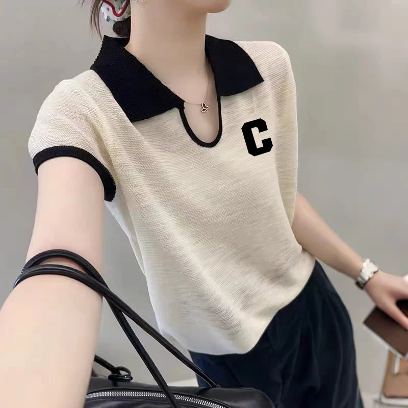 撞色polo领正肩短袖t恤女夏季设计感小众字母印花修身针织衫上衣