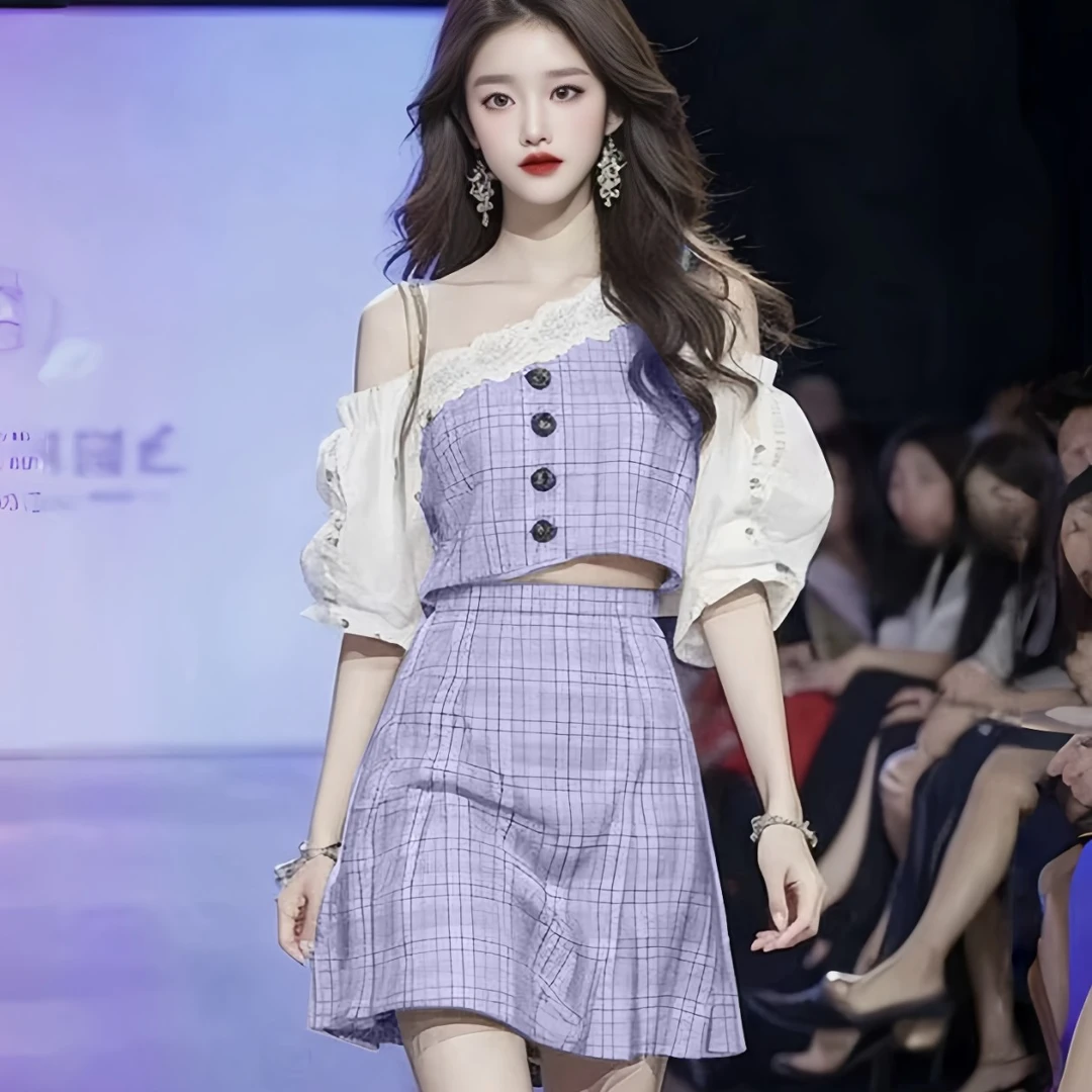 小众不撞款酷拽夏季蓝色露肩套装2025网红爆款高级感小洋装两件套