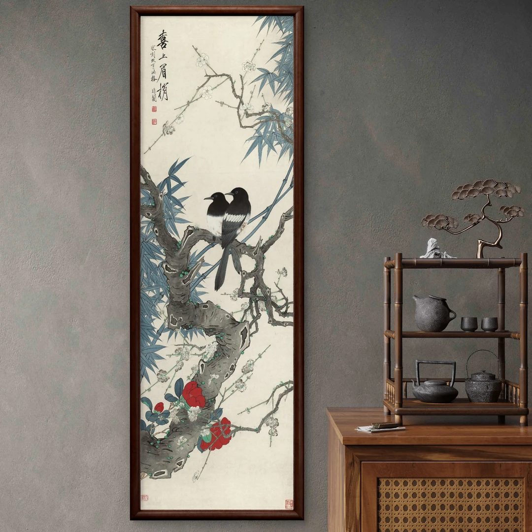 9938-40*120喜上眉梢中式装饰画实木框玄关书房茶室客厅挂画