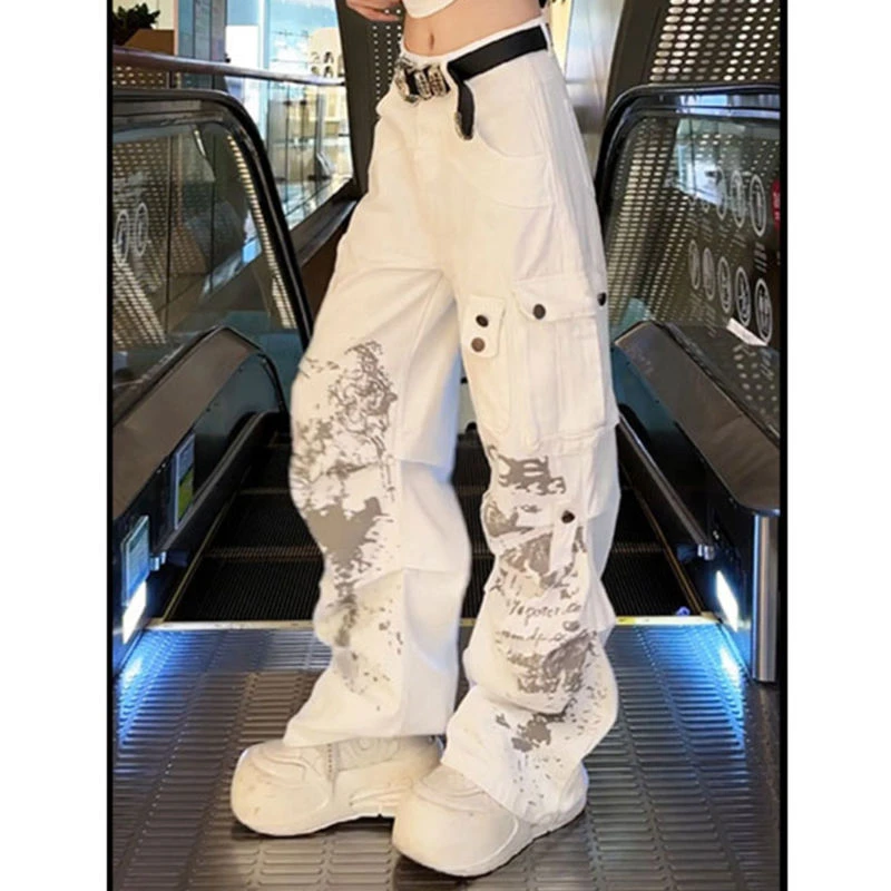白色扎染牛仔工装阔腿裤女2025夏新款显瘦百搭薄款窄版直筒拖地裤