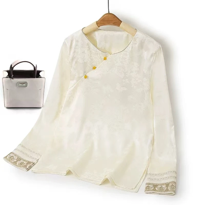 秋季新中式国风袖口刺绣圆领打底衫女时尚气质百搭长袖t恤女上衣