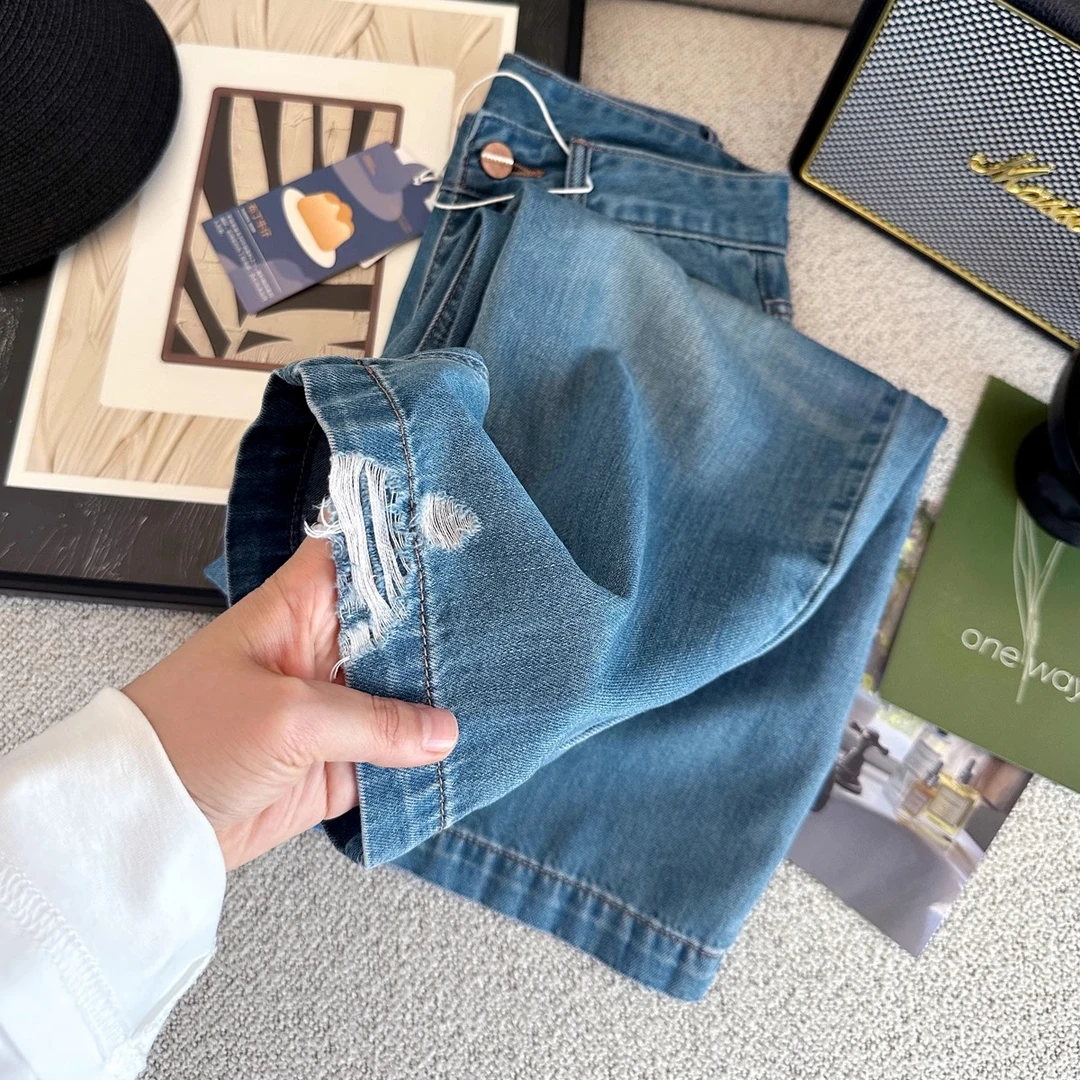 夏季新款莱赛尔天丝破洞九分阔腿裤女梨型身材高腰显瘦宽松直筒裤