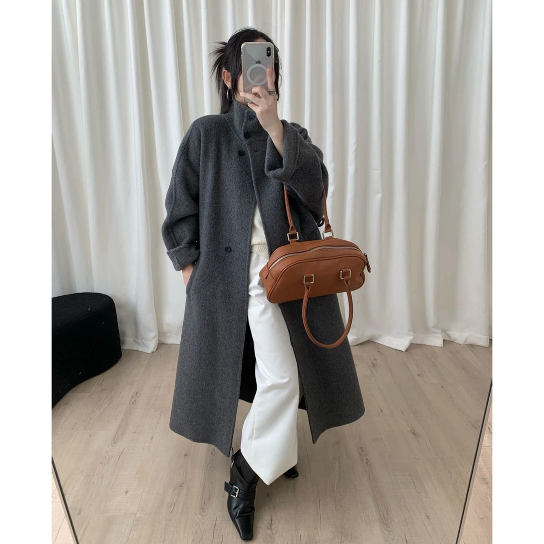 （三粒扣深灰）南油秋冬老钱风立领宽松双面呢大衣外套DY02