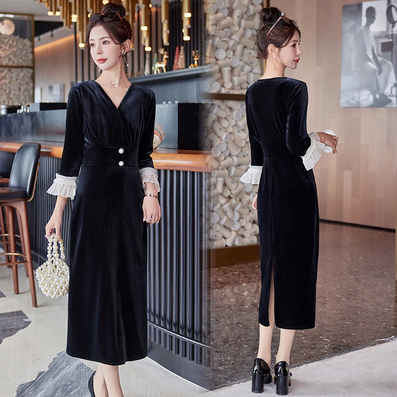 法式赫本风丝绒V领连衣裙女2025春秋新款名媛时尚气质中长款裙子