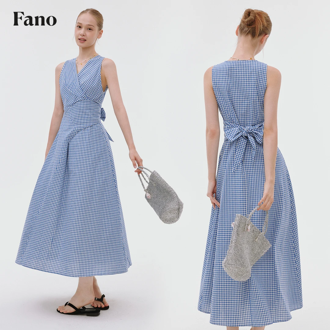 范洛 氛围感清新蓝格V领显瘦绑带收腰连衣裙FX25L407