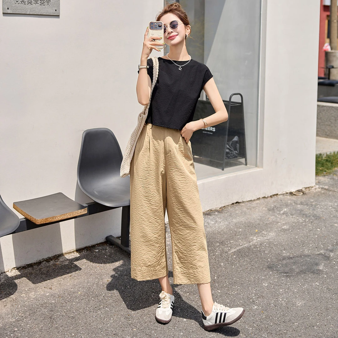 休闲前后两穿套装女2025夏季新款巨好看的夏天高腰阔腿裤子两件套