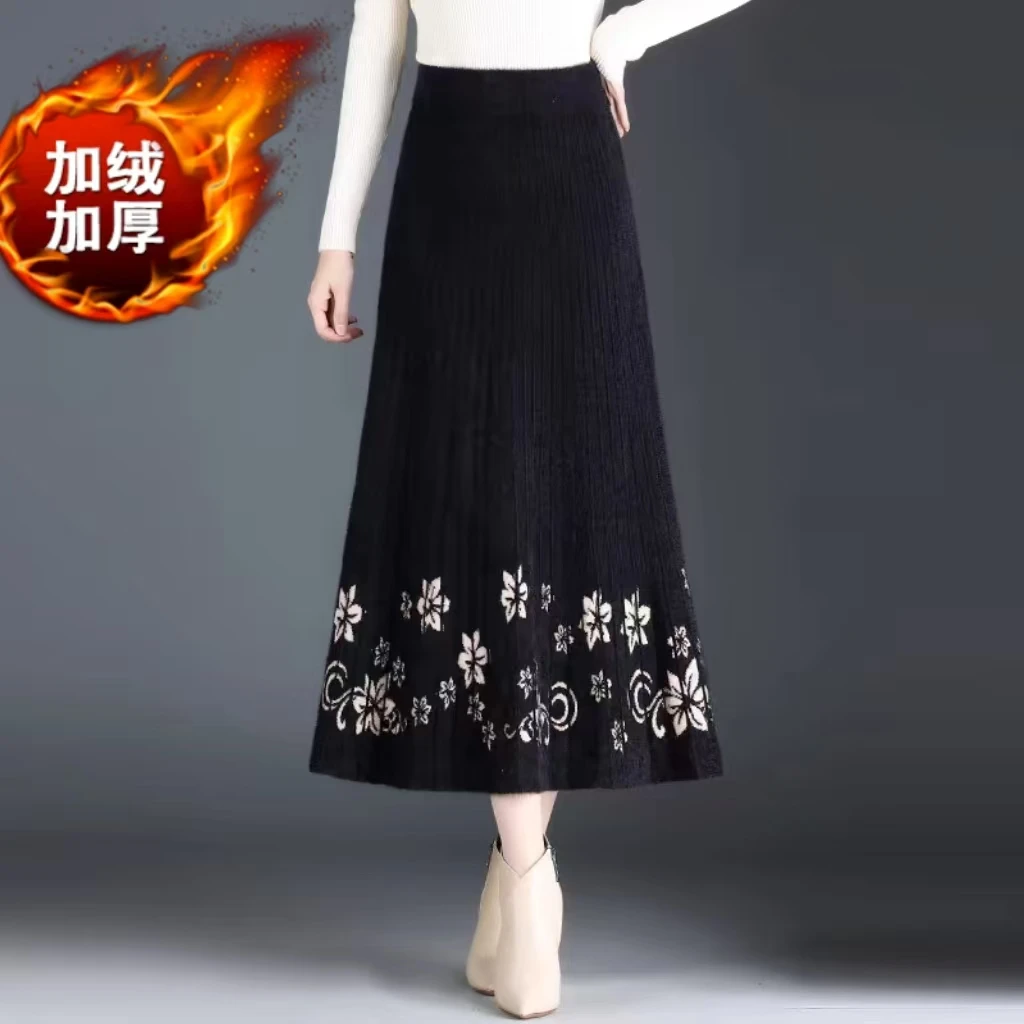 【衣雅严选】8162-1259#新款加绒加厚金貂混纺雪花绒定位花半身裙