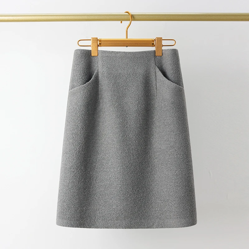 灰色羊毛呢半身裙2025新款秋冬裙子高腰显瘦中裙高级感口袋a字裙