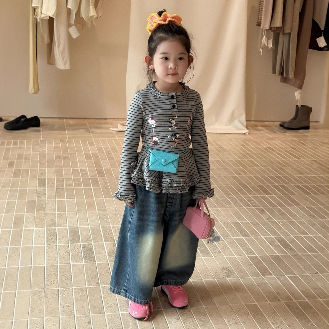女童韩版条纹打底衫套装2025秋季新款儿童纯棉T恤宝宝洋气牛仔裤