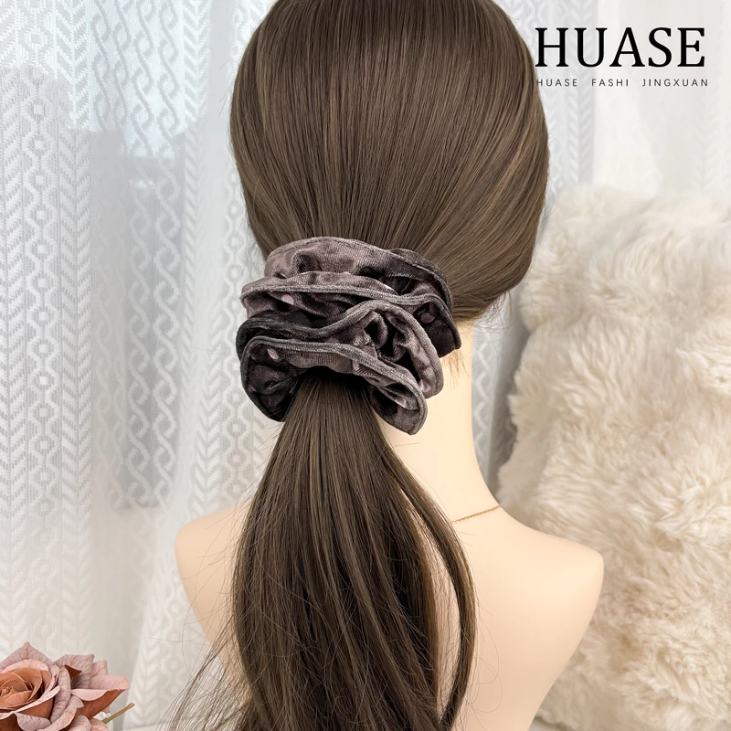 HUASE 秋冬新款小蛮腰大肠发圈花苞金丝绒波点头花扎头发皮筋头绳