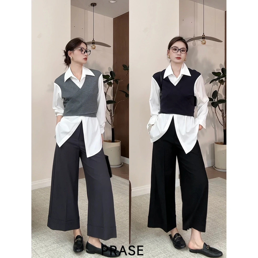 PRASE·噜【撞色灵感】微胖轻奢设计款秋假两件拼接衬衫PR508C10