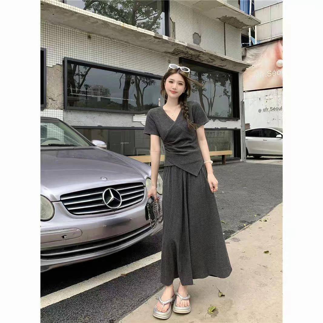 2025大码女装夏季修身不规则时尚休闲短袖上衣＋半身裙套装有口袋