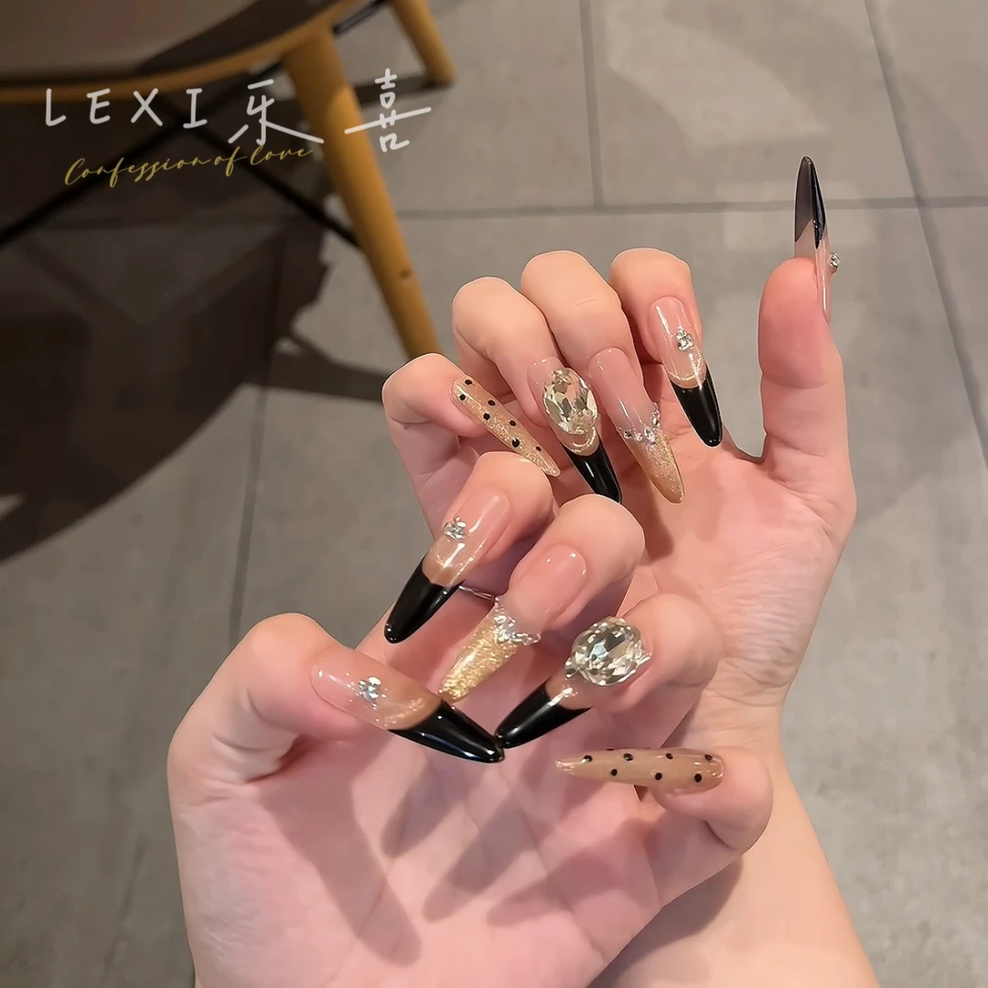 【珍妮】喵喵·黑色法式爆闪猫眼气质显白氛围感手工穿戴美甲贴片