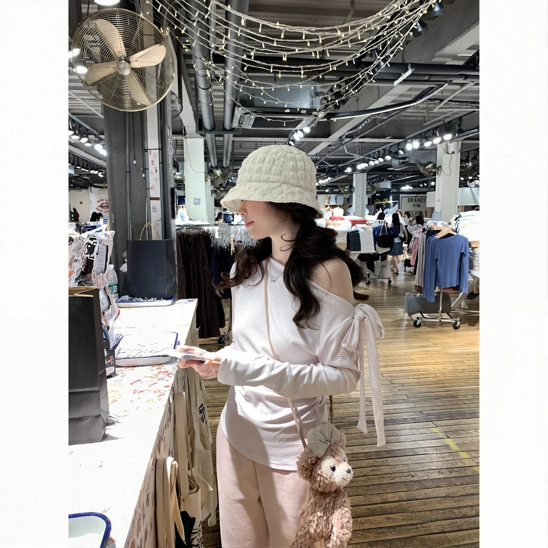 纹斜肩长袖t恤女秋修身打底绑带粉色韩版设计感小众显瘦露肩上衣