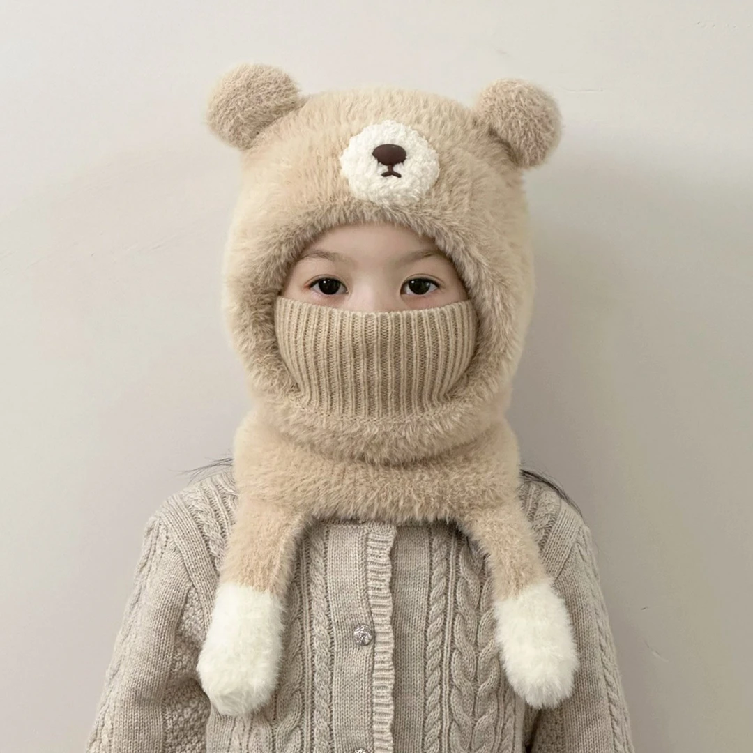 儿童一体帽冬季加绒加厚男女童毛绒帽子围巾两件套宝宝保暖护耳帽