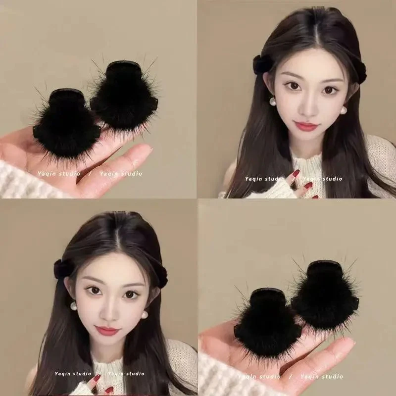 秋冬新款水貂毛发夹少女风公主头毛毛夹子网红毛球简约迷你小抓夹