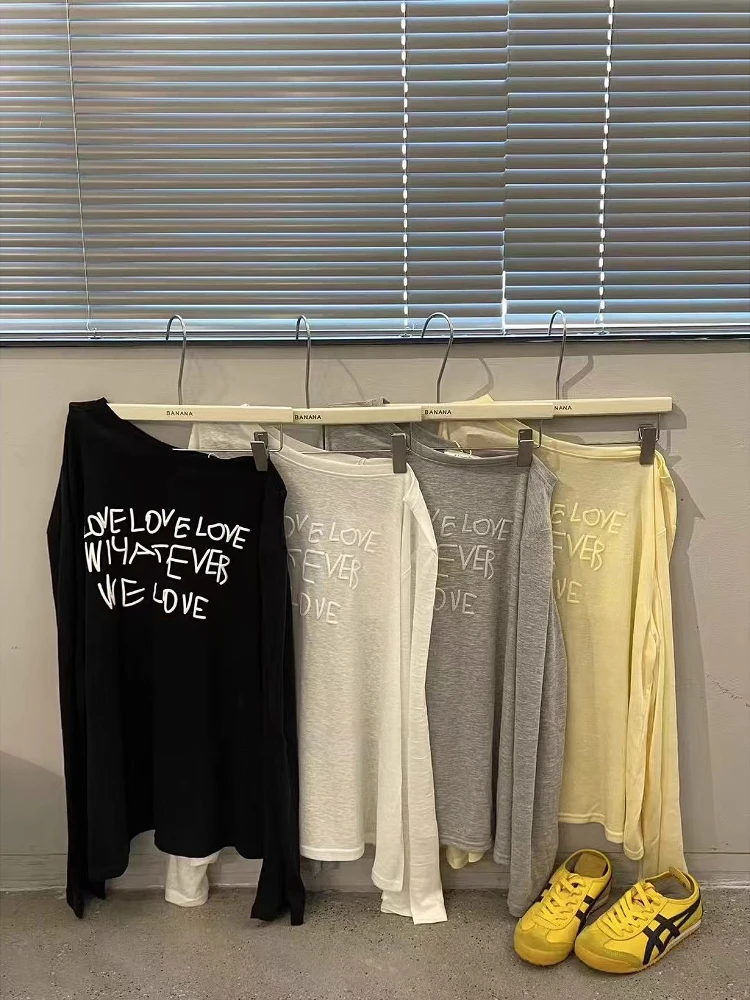 韩国东大门夏季新款时髦百搭宽松字母薄款斜肩长袖T恤防晒上衣女