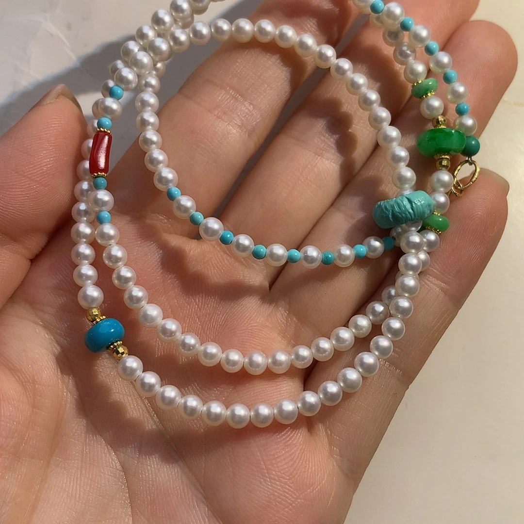 淡水珍珠18K金镶嵌颈饰珍珠多圈