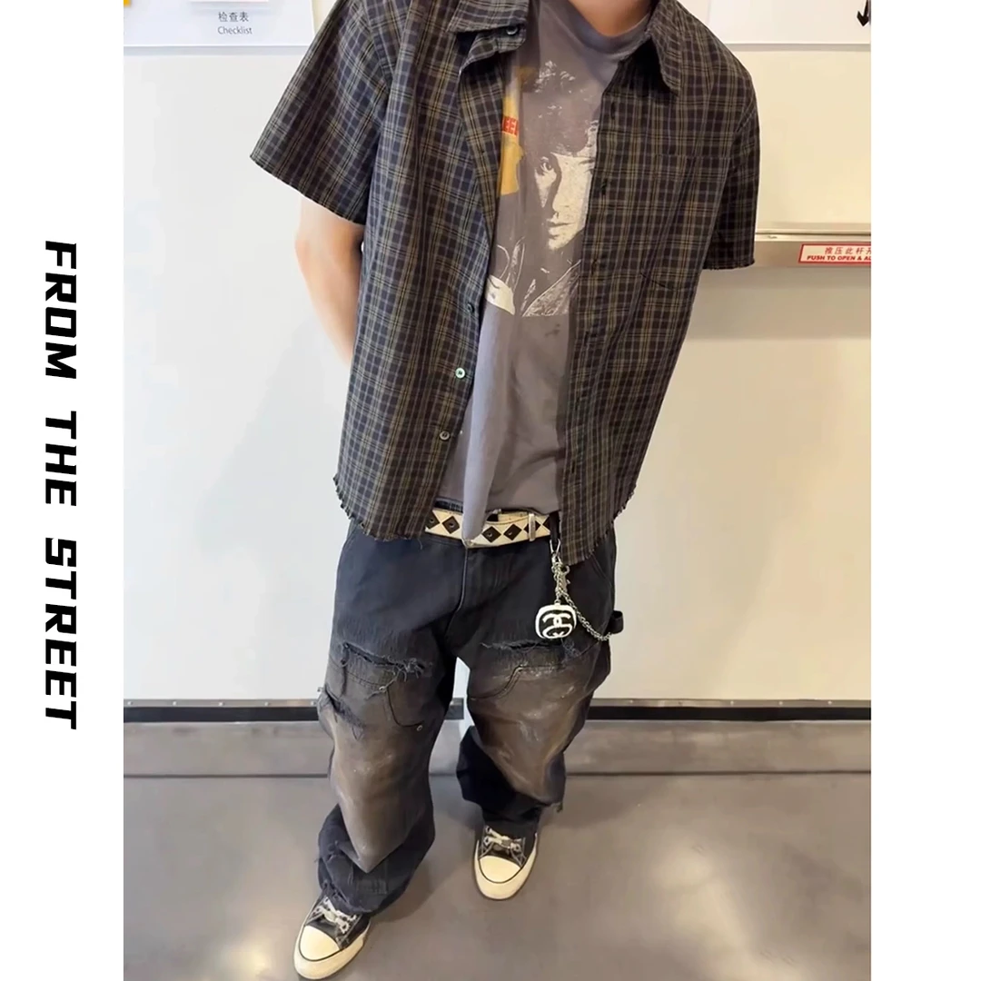 FROM THE STREET来自街头复古工装格子短袖衬衫男夏季翻领衬衣男