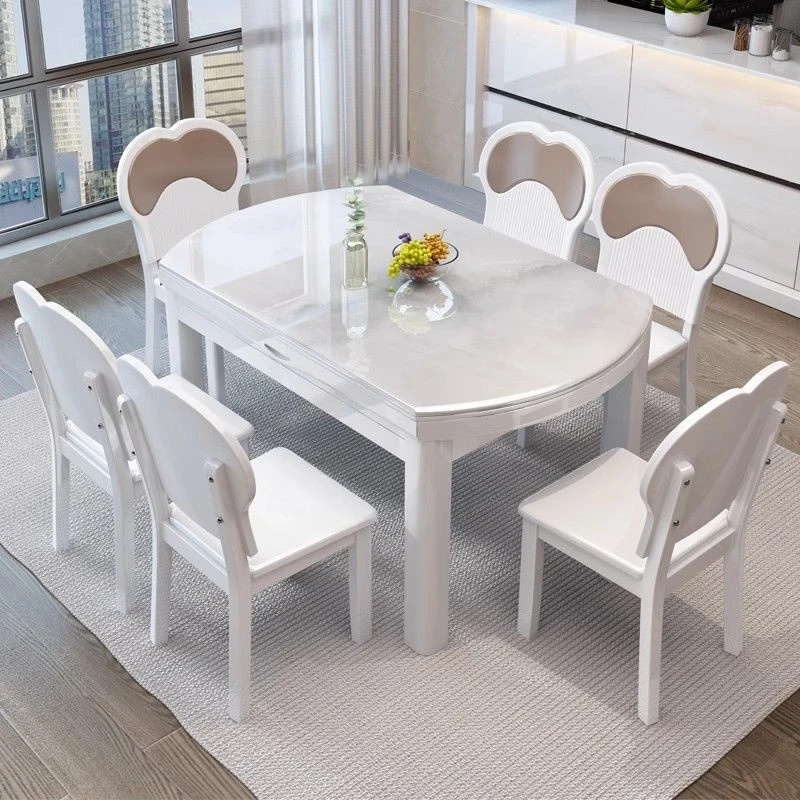 大理石实木餐桌轻奢简约现代伸缩微晶石圆形奶油风小户型家用饭桌