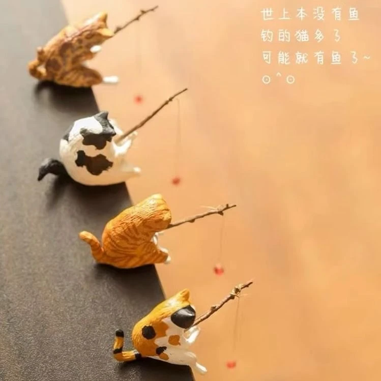 鱼缸钓鱼猫悬挂创意造景摆件桌面适用小猫钓鱼迷你微景观装车摆件