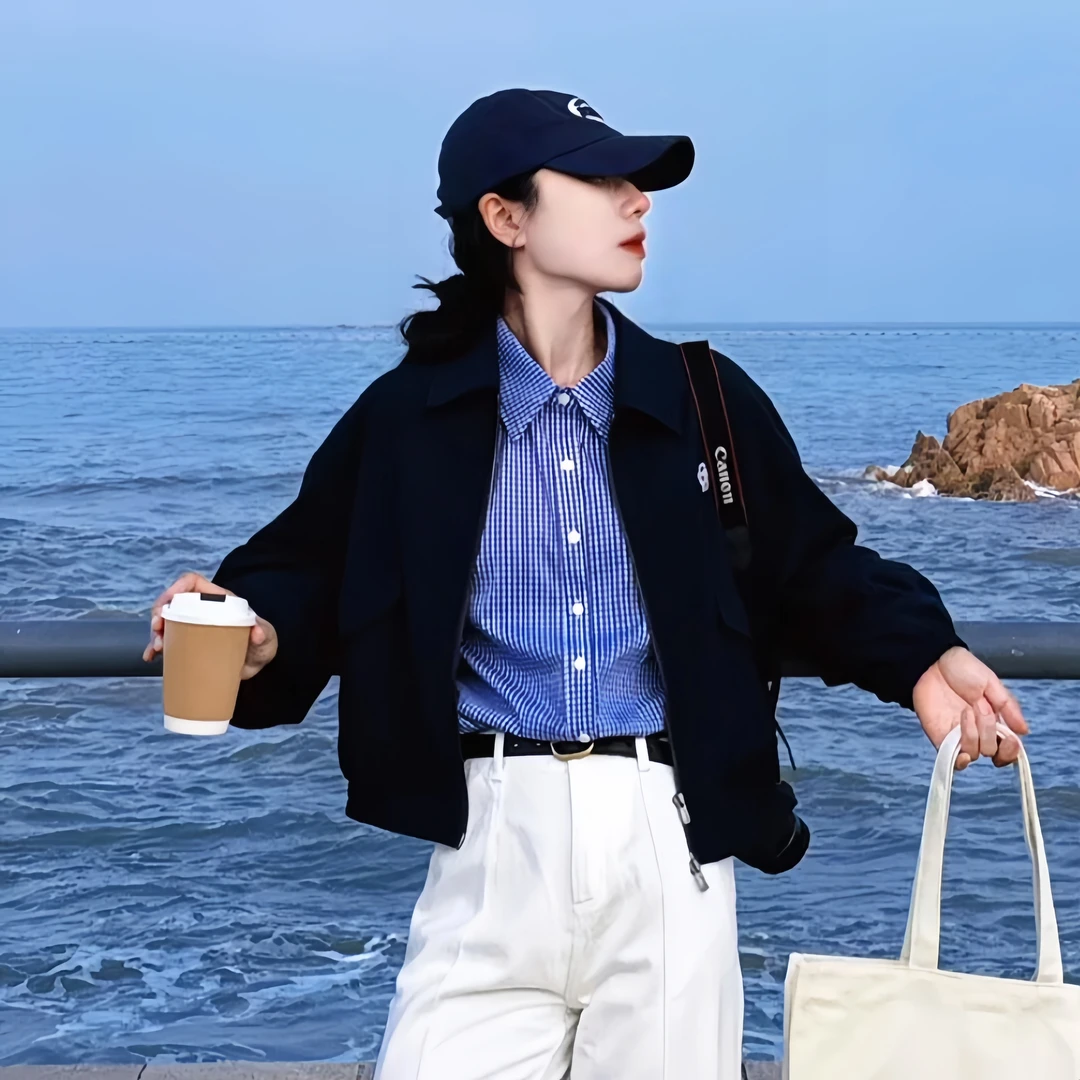 韩系简约休闲小个子短外套格子衬衣春秋季新款洋气叠穿通勤两件套