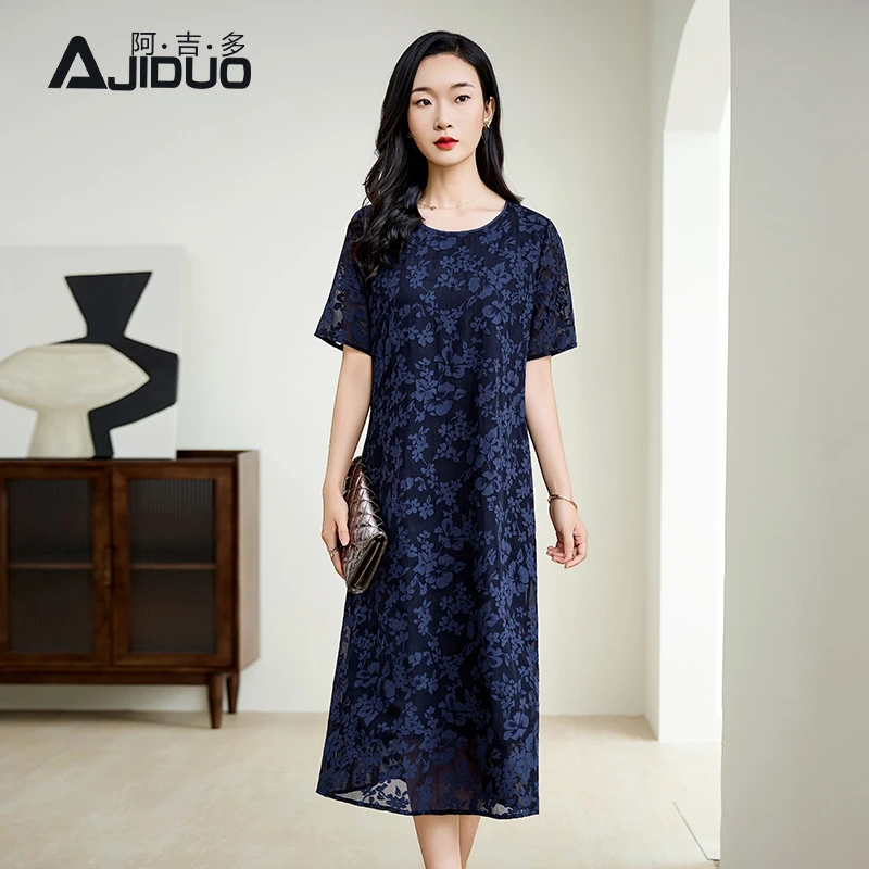 阿吉多端庄气质短袖碎花连衣裙女夏季新款妈妈高级大码漂亮长裙子