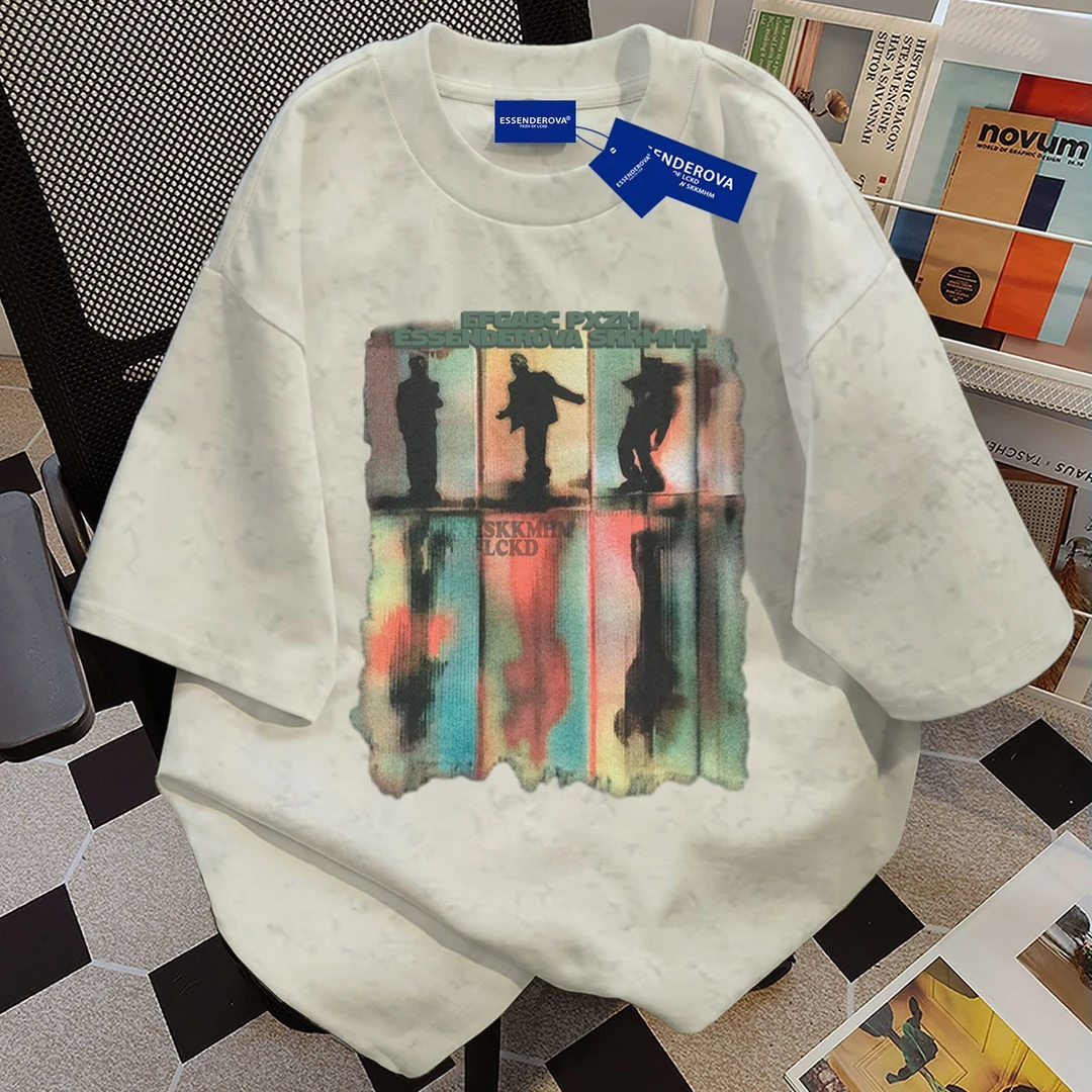 100%纯棉废土风设计感扎染短袖t恤男女夏季爆款宽松圆领情侣上衣