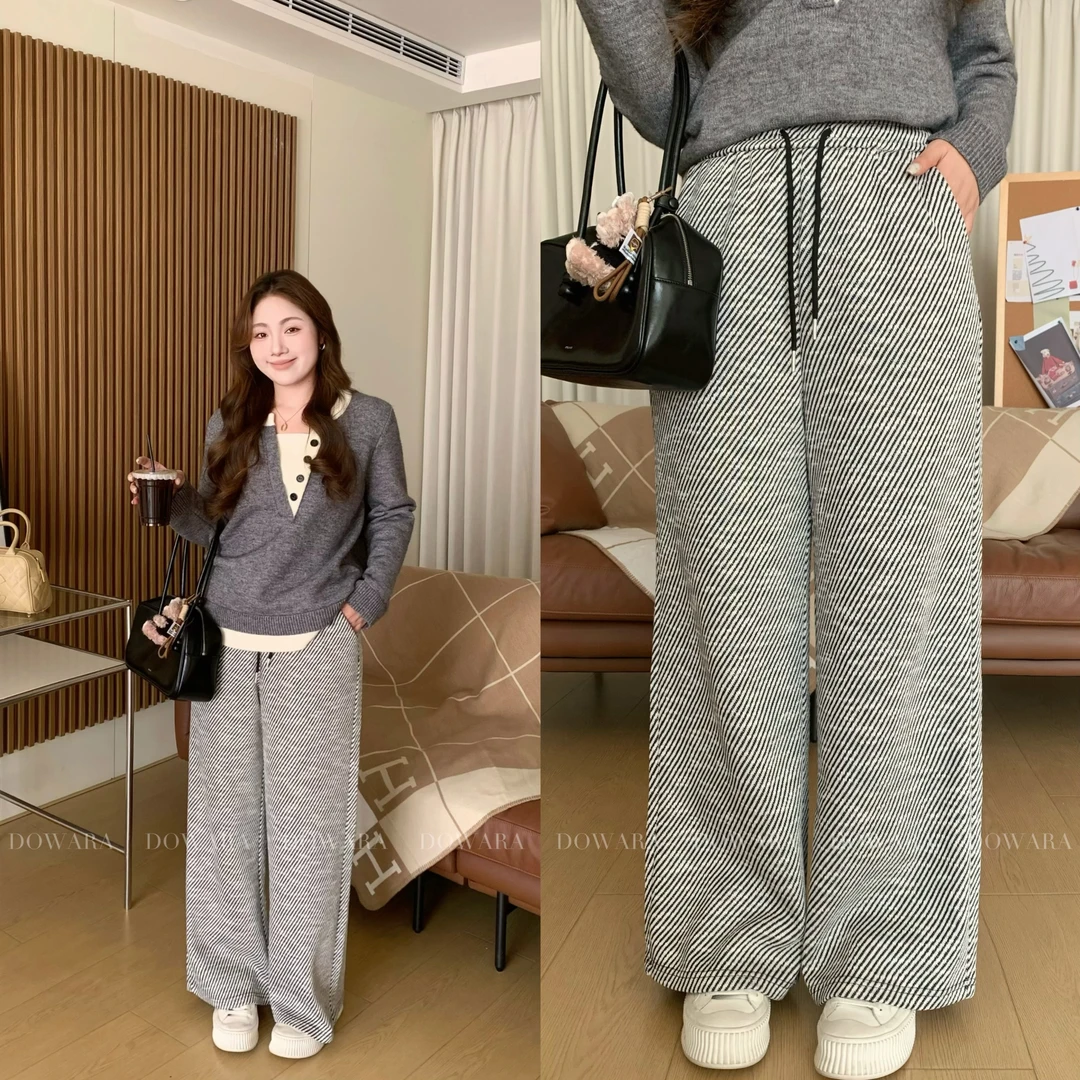 现货7470D大婉酱肉肉微胖定制宽松斜条纹松紧腰抽绳绑带休闲裤