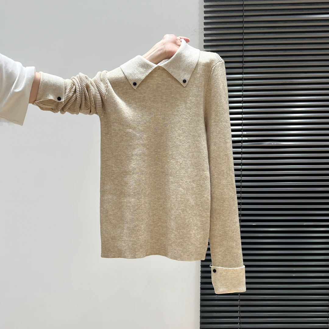 polo领长袖套头针织衫女装2025年秋季新款气质修身内搭打底衫上衣