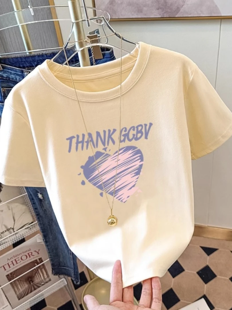 2025短款杏色纯棉短袖t恤正肩百搭洋气减龄显瘦上衣体恤夏季半袖