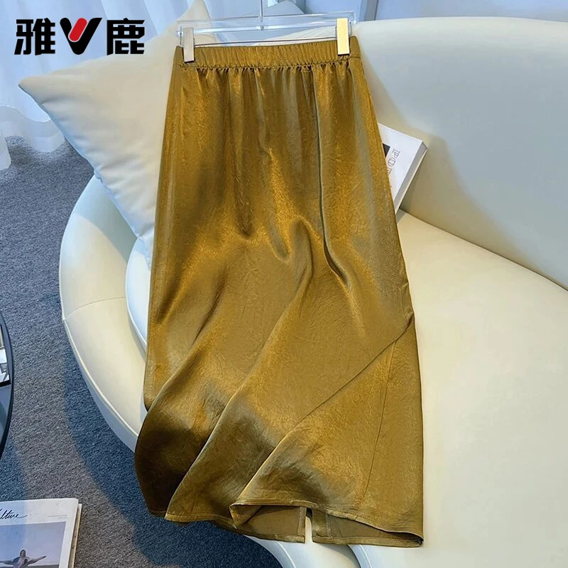 V/雅鹿夏季薄款醋酸缎面半身裙2025新款中长裙女垂顺感高腰包臀裙