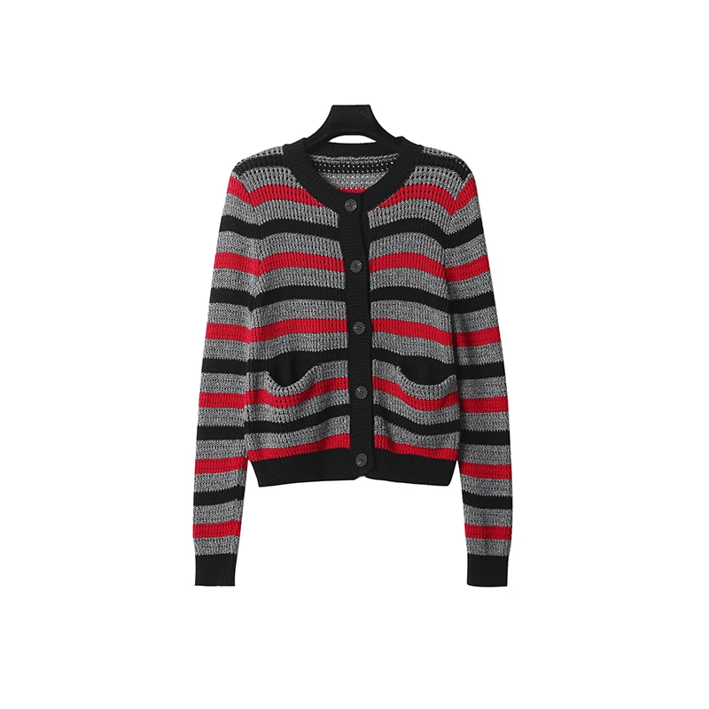 撞色条纹镂空长袖针织开衫时髦精气质百搭32977