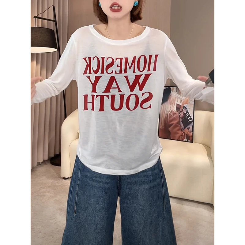 欧货流行防晒长袖T恤女2025夏季新款复古潮牌印花圆领宽松短上衣