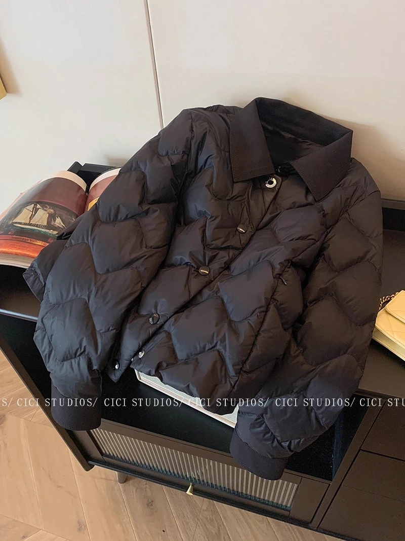 黑色翻领短款棉服外套女秋冬2025新款小个子保暖气质时尚外穿棉衣